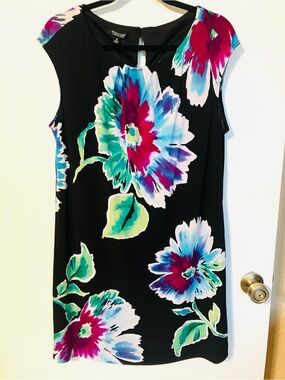 Signature London Style Black Floral Shift Dress Round Neck Sleeveless XL Knee
